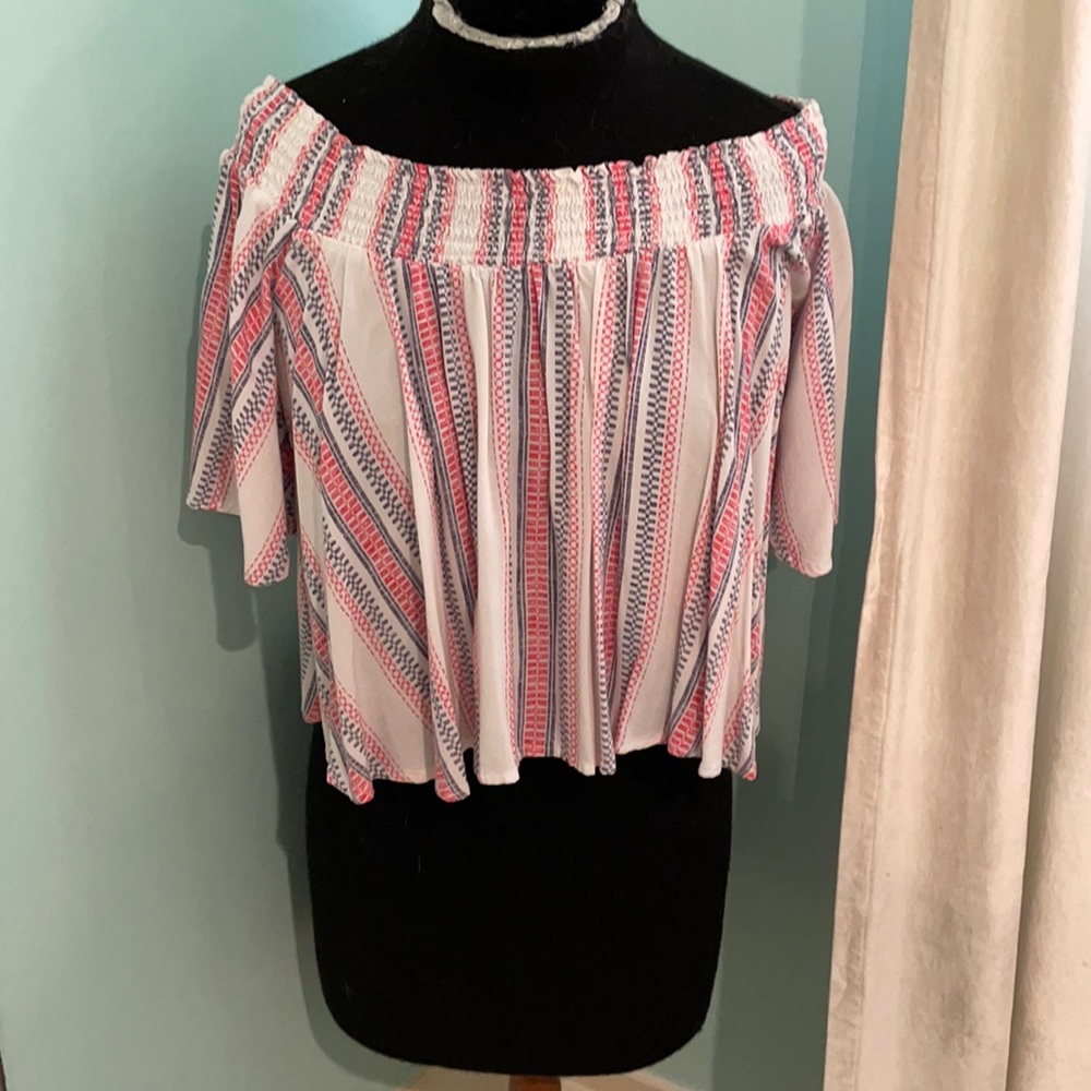 Off the shoulder flowy red white and blue top